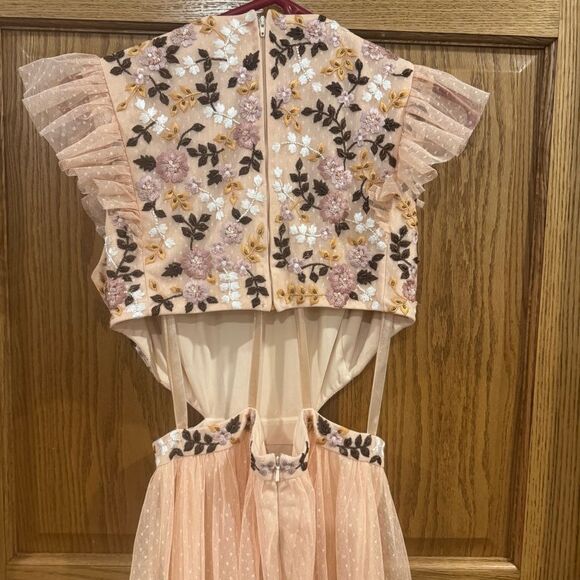 Mac Duggal Floral Embroidered Tulle Gown Sz 6 Peach Pink Tiered Maxi Dress - Picture 11 of 13